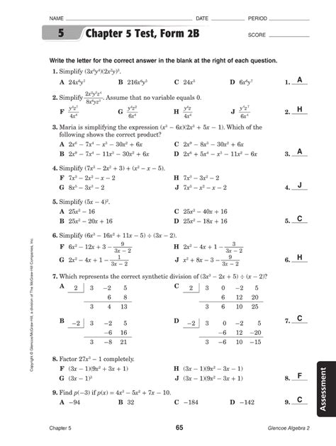 Write the letter for the correct <b>answer</b> in the blank at the right of each question. . Chapter 5 test form 2b answers algebra 1